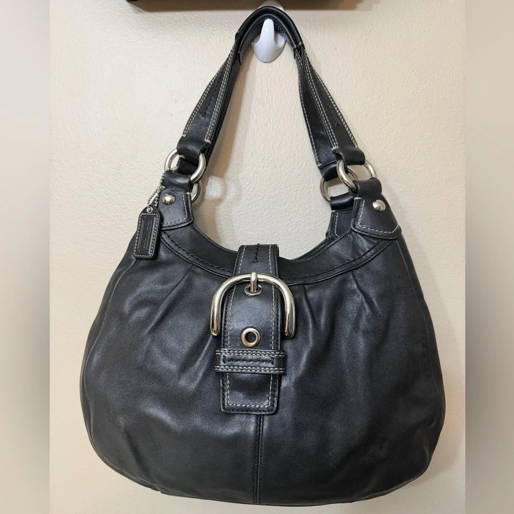 Coach Black Leather Shoulder Bag with Light Blue Interior Lining# F15527